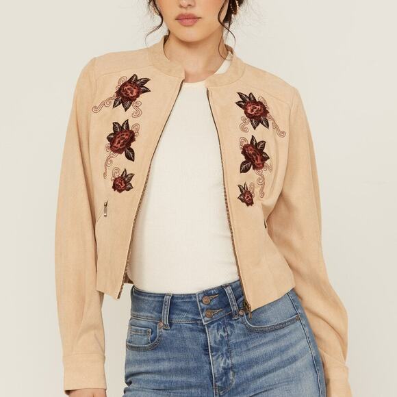 Shyanne Women's Floral Embroidered Faux Suede in Tan Jacket Size XS NEW - Picture 1 of 11